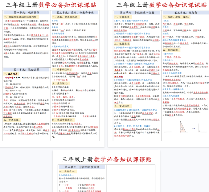 【3页完整版】三年级数学知识点汇总【期末高清版可直接打印】-开学吧