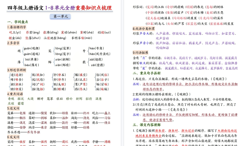 【24页高清完整版】四年级（上）语文1-8单元全册重要知识点梳理-小初高学习资料下载_真题试卷 - 开学吧资料库