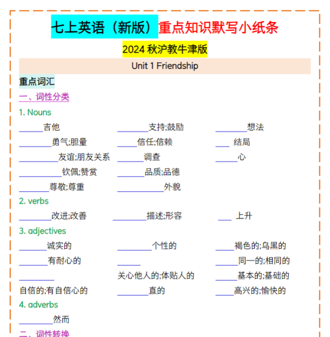 17页！七上英语（新版）重点知识默写小纸条【空白版+答案】-开学吧
