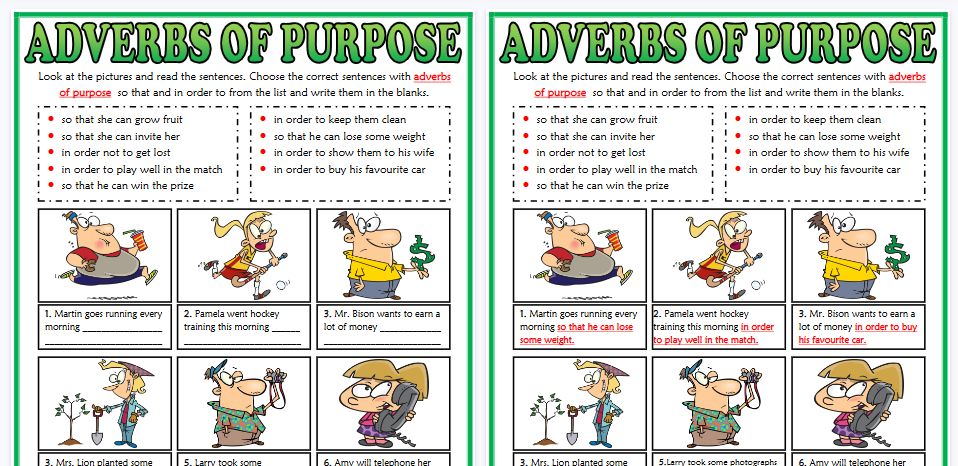 【2页高清彩色版】adverbs of purpose esl matching exercise worksheet【完整可直接打印】语法作业纸63套-开学吧