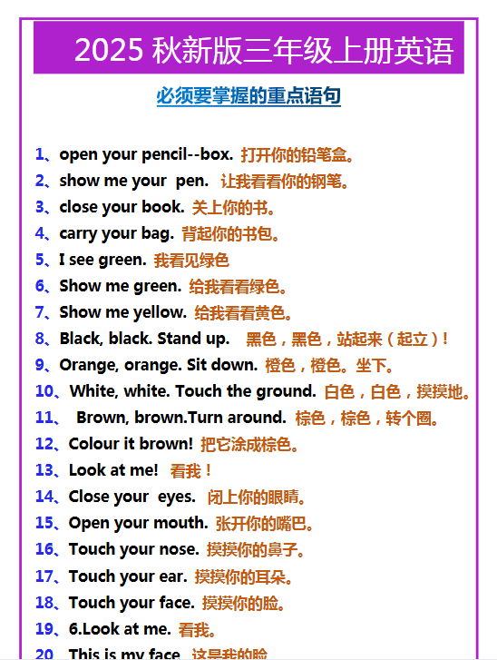 【2025秋新版】三年级上册英语必须要掌握的重点语句-开学吧