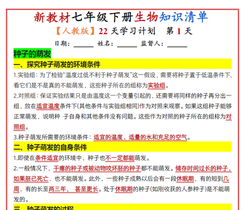 22页!七年级下册生物知识清单(人教版2025)22天学习计划(背记版)-开学吧