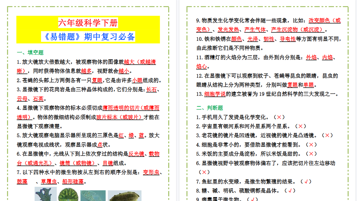 2026春新版六年级科学下册《易错题》期中复习必备！-小初高学习资料下载_真题试卷 - 开学吧资料库