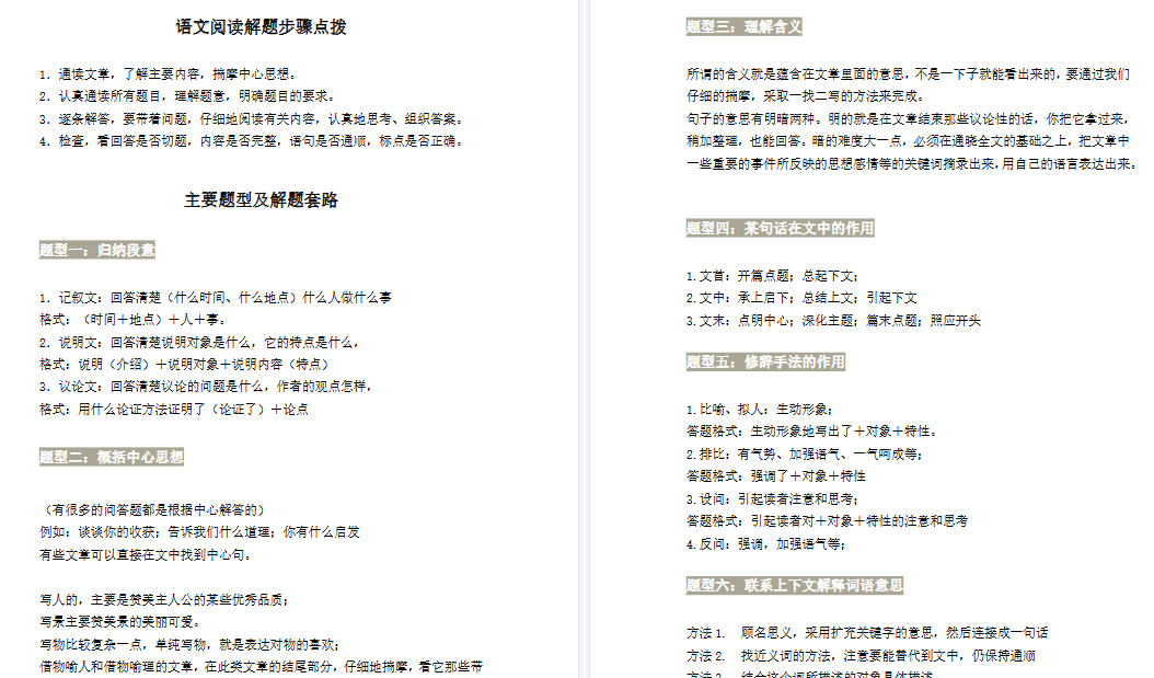 【7页高清完整版】小学语文阅读理解万能答题模板-小初高学习资料下载_真题试卷 - 开学吧资料库