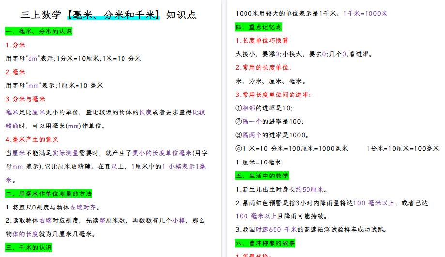 【3页高清完整版】三上数学《毫米、分米和千米》知识点-小初高学习资料下载_真题试卷 - 开学吧资料库