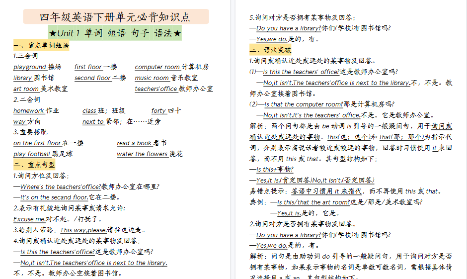 【2026春18页完整版】四（下）英语（人教PEP）知识点总结-小初高学习资料下载_真题试卷 - 开学吧资料库