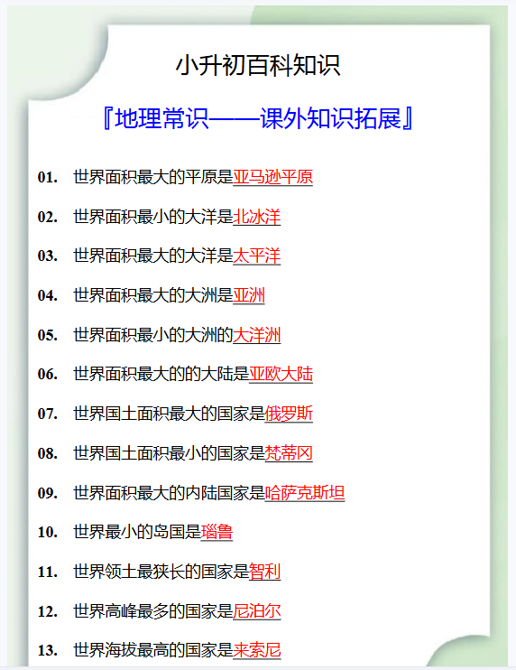 1份！课外知识最新整理持续更新版-高清完整-开学吧