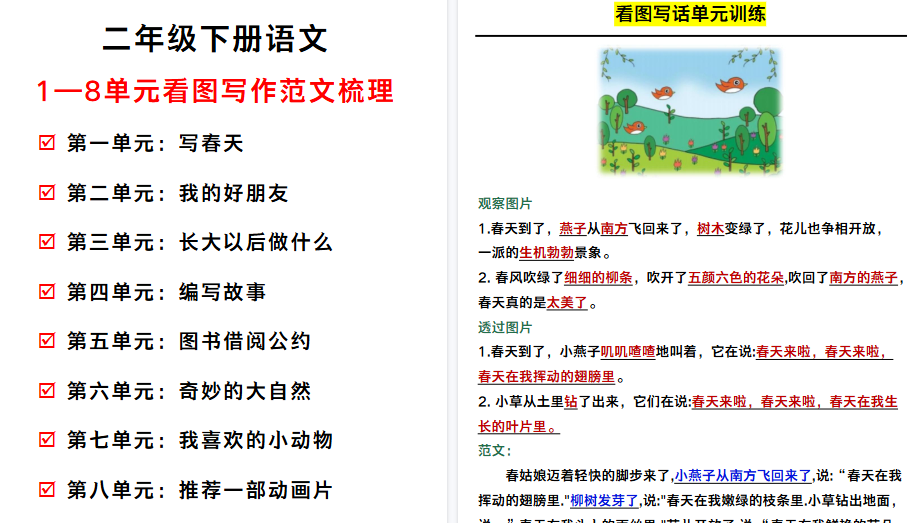 【10页高清完整版】二年级下册语文1-8单元看图写话-小初高学习资料下载_真题试卷 - 开学吧资料库