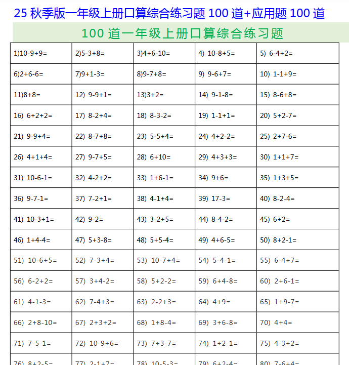 【2025秋新版】一年级上册口算综合练习题100道+应用题100道-开学吧