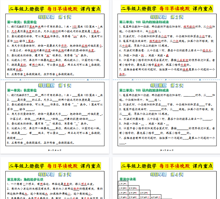 【11页完整版】二上数学 人教版每日晨读晚默-重点知识点-开学吧