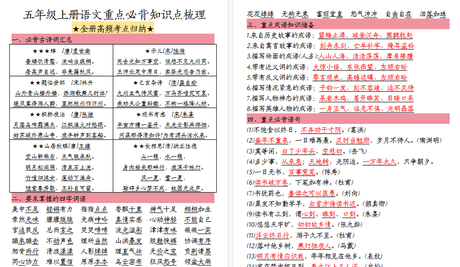 【33页高清完整版】【重点必背知识点梳理】五上语文-开学吧