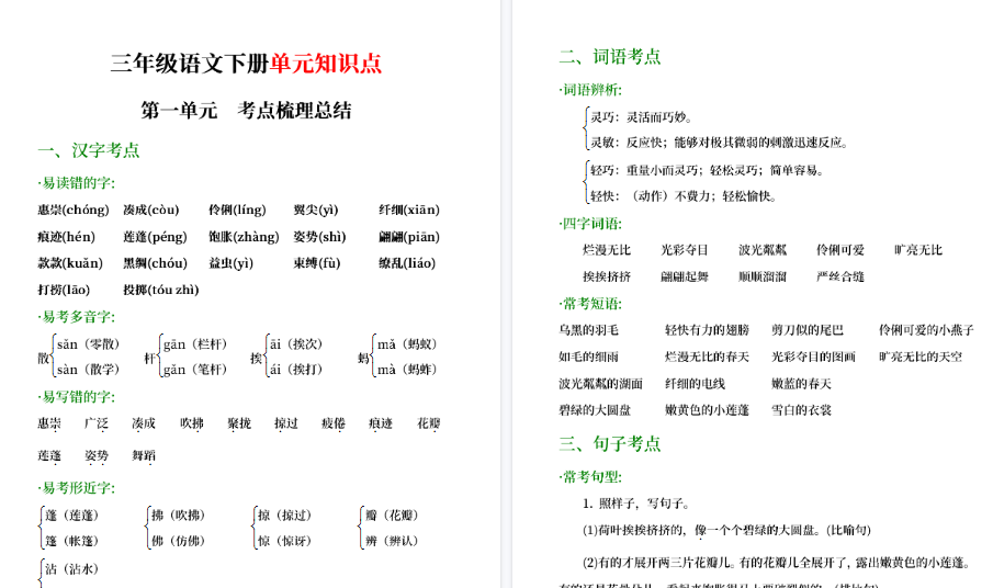 【25页高清完整版】三年级语文下册期末总复习核心考点单元梳理总结,纯文字版-小初高学习资料下载_真题试卷 - 开学吧资料库