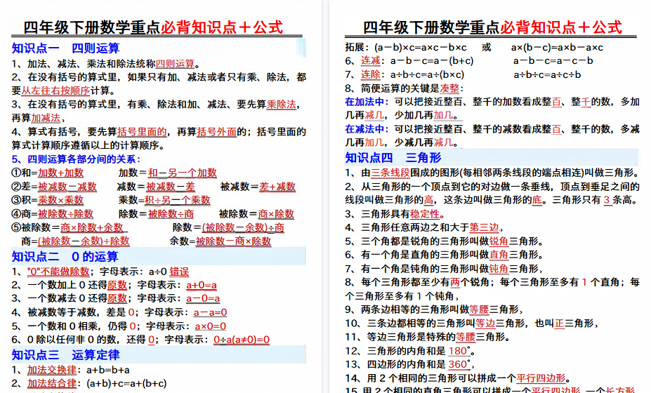 【2026春7页完整版】四年级下册数学重点必背知识点十公式-小初高学习资料下载_真题试卷 - 开学吧资料库