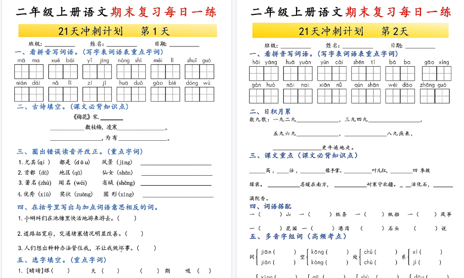 【42页高清完整版】二年级上册语文期末复习每日一练21天冲刺计划-小初高学习资料下载_真题试卷 - 开学吧资料库