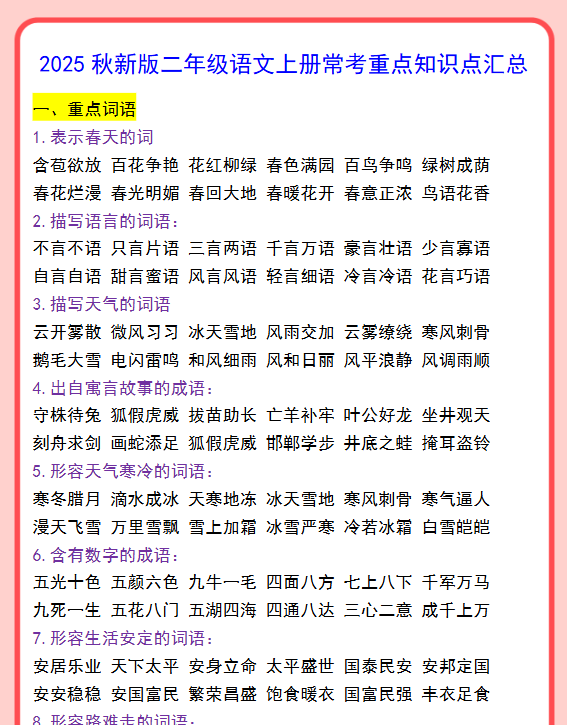 【2025秋新版】二年级语文上册常考重点知识点汇总-开学吧