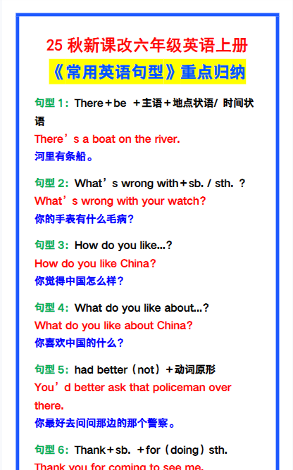 【2025秋新版】六年级英语上册《常用英语句型》重点归纳,提分必备!-开学吧