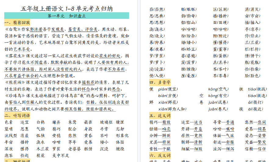 【24页高清完整版】五（上）语文1-8单元考点归纳-小初高学习资料下载_真题试卷 - 开学吧资料库