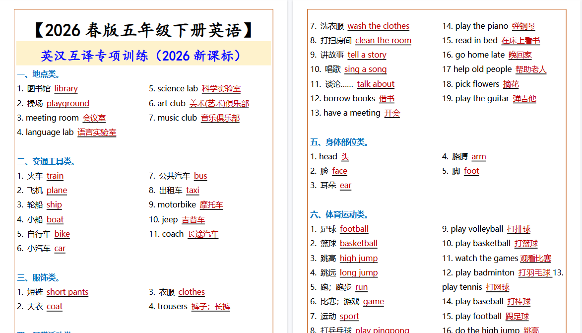 2026春新版【五年级下册英语】 英汉互译专项训练-小初高学习资料下载_真题试卷 - 开学吧资料库
