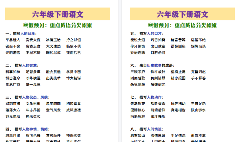 【2026寒假4页】六年级下册语文寒假预习重点成语分类-小初高学习资料下载_真题试卷 - 开学吧资料库