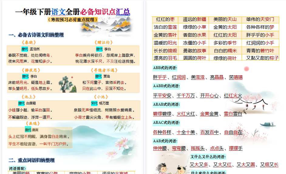 【2026春10页完整版】一年级语文【寒假预习-全册知识点汇总】-小初高学习资料下载_真题试卷 - 开学吧资料库
