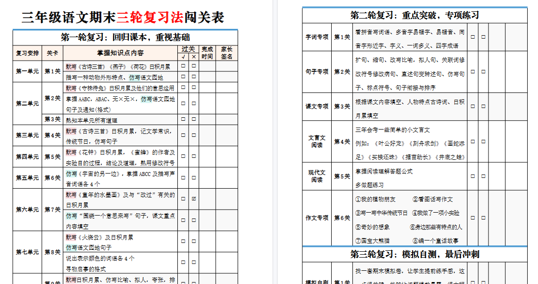 【2页高清完整版】三下语文【期末三轮复习法闯关表】-小初高学习资料下载_真题试卷 - 开学吧资料库