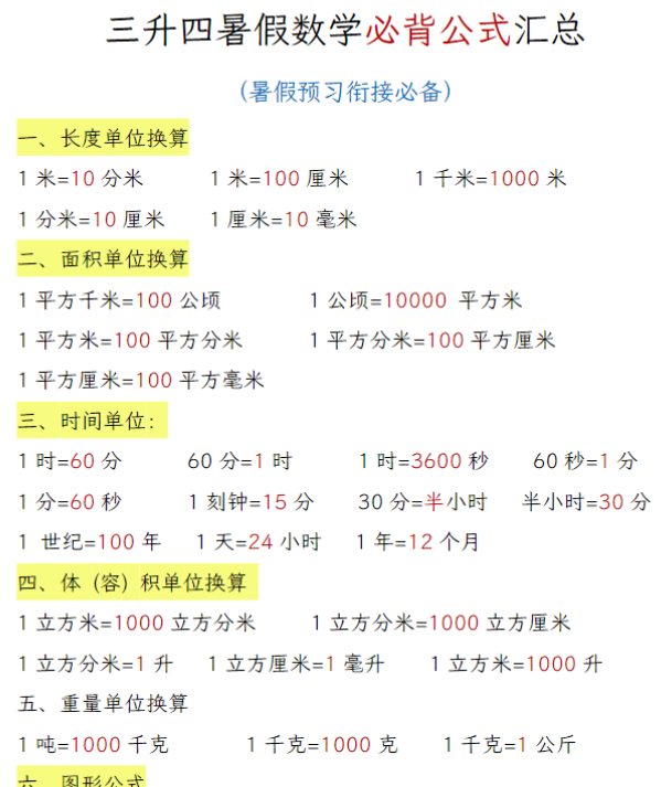 三升四暑假数学必背公式汇总-开学吧