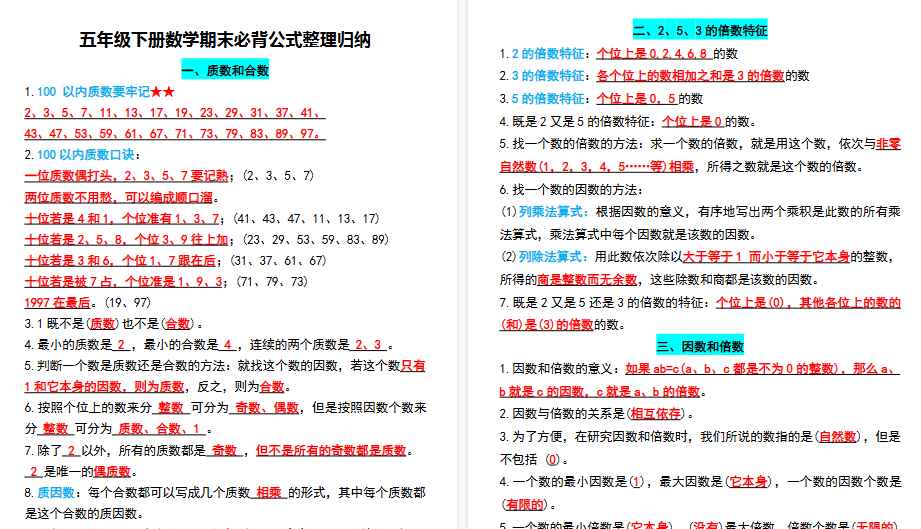 【6页高清完整版】五下数学期末必背公式整理归纳-小初高学习资料下载_真题试卷 - 开学吧资料库