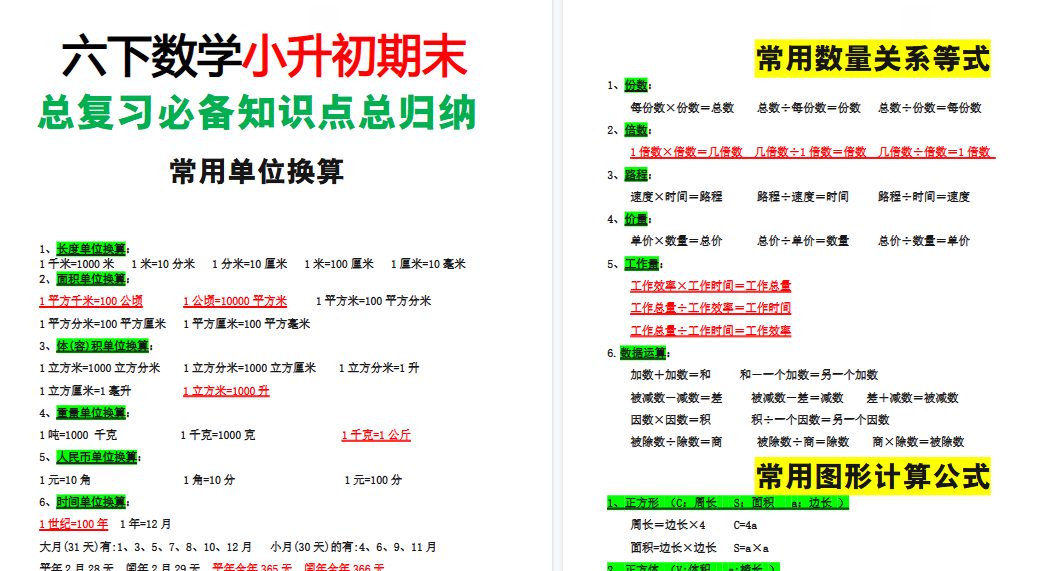 【2026春45页完整版】六年级（下）数学小升初总复习总归纳-小初高学习资料下载_真题试卷 - 开学吧资料库