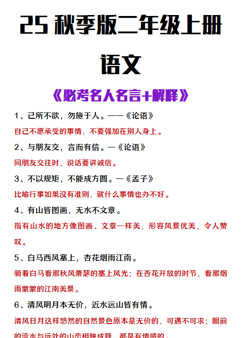 【2025秋新版】二年级上册语文必背名人名言及解释-开学吧