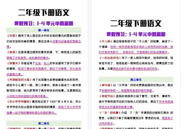 【2026寒假3页】二年级下册语文寒假预习:1-4单元中心思想-小初高学习资料下载_真题试卷 - 开学吧资料库