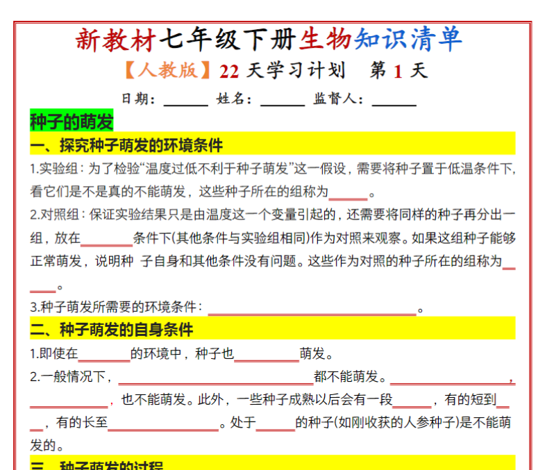 22页！七年级下册生物知识清单（人教版2025）22天学习计划（挖空版）-开学吧