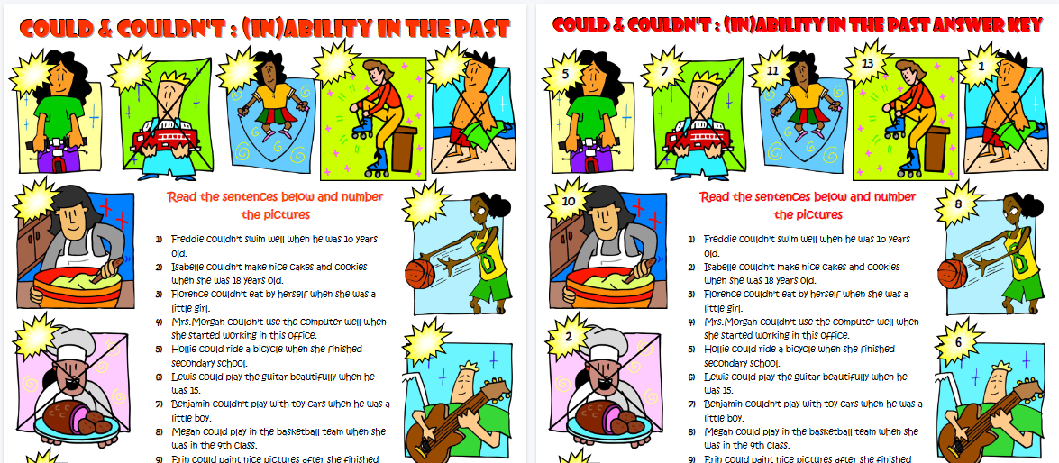 【2页高清彩色版】ability and inability in the past esl grammar worksheet【完整可直接打印】语法作业纸63套-开学吧