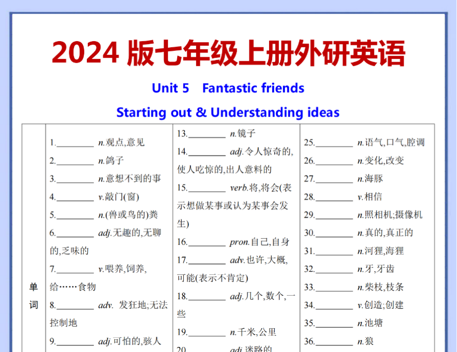 【七上外研英语】2024版 U5词句背默-开学吧