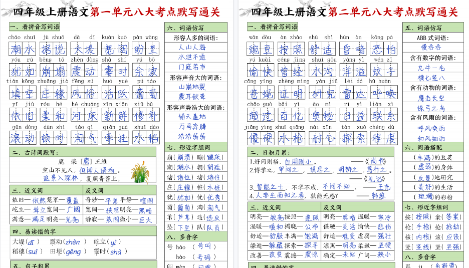 【8页高清完整版】四年级上册语文填空1-8单元八大考点默写通关答案-小初高学习资料下载_真题试卷 - 开学吧资料库