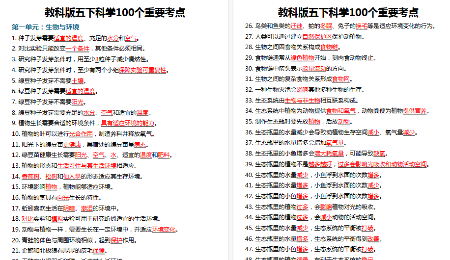 【7页高清完整版】五年级下册科学重要考点总结【教科版】-小初高学习资料下载_真题试卷 - 开学吧资料库
