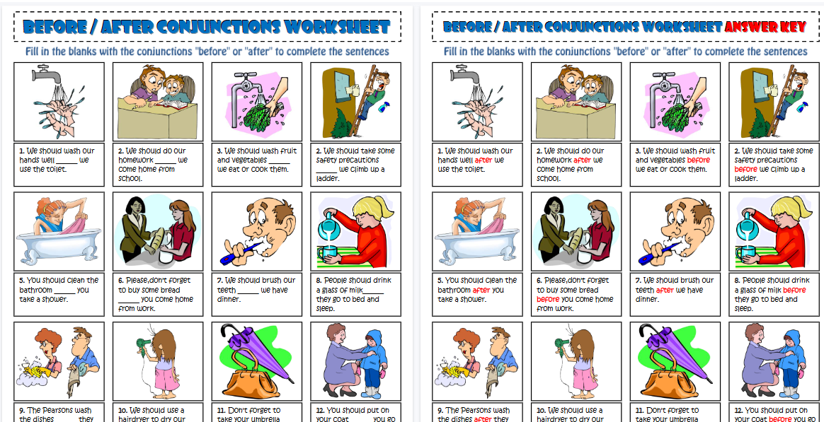 【2页高清彩色版】before and after conjunctions esl grammar exercise worksheet【完整可直接打印】语法作业纸63套-开学吧