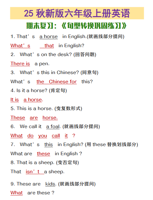 【2025秋新版】六年级上册英语期末复习句型转换巩固练习-开学吧