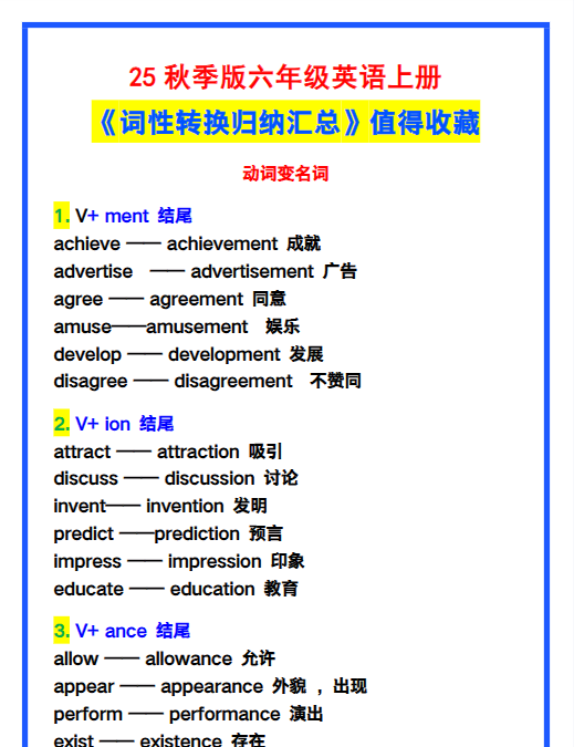 【2025秋新版】六年级英语上册《词性转换归纳汇总》，值得收藏！-开学吧