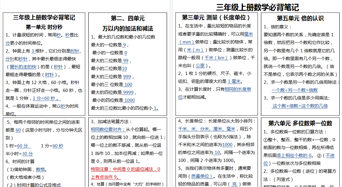 【4页高清完整版】三年级数学上册必背手册-小初高学习资料下载_真题试卷 - 开学吧资料库