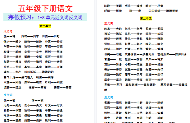 【2026寒假8页】五年级下册语文寒假预习：1-8单元近义词反义词-小初高学习资料下载_真题试卷 - 开学吧资料库