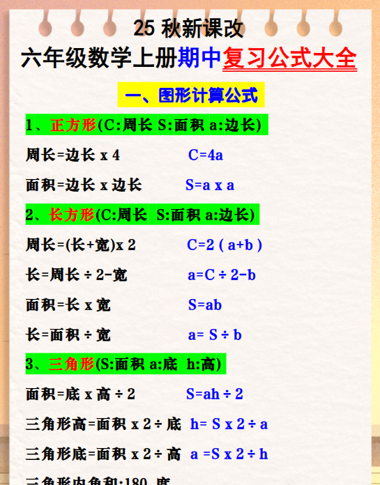 【2025秋新版】六年级数学上册期中复习公式大全图形计算公式-开学吧