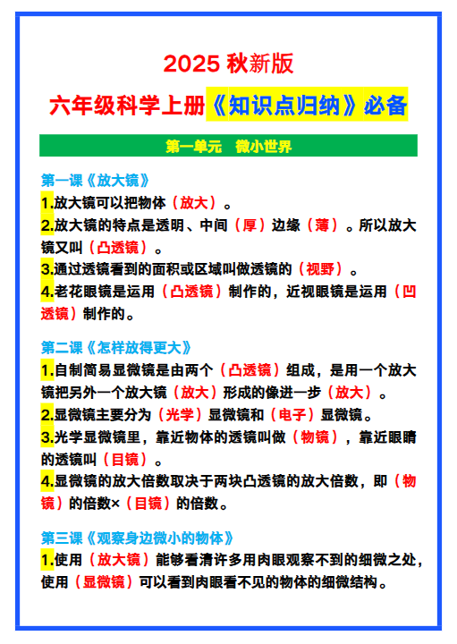 【2025秋新版】六年级科学上册《知识点归纳》，学习必备！-开学吧