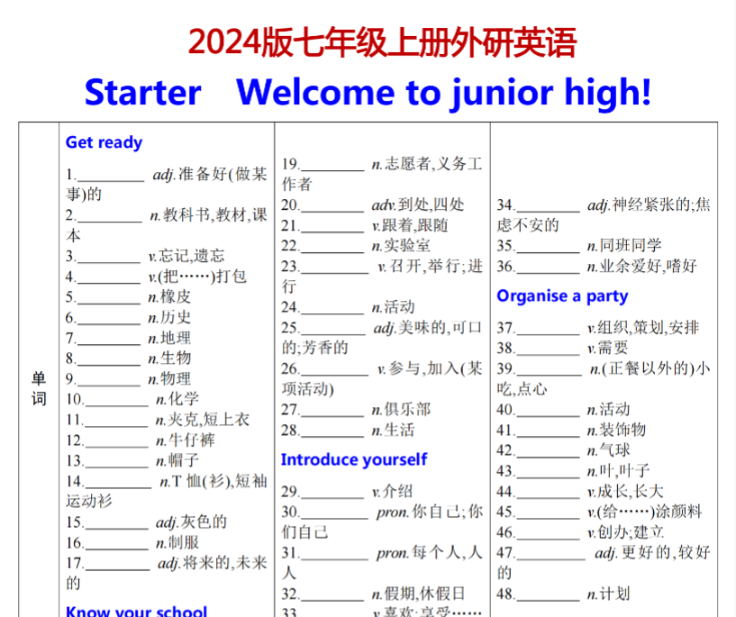 2024版 Starter词句背默-开学吧