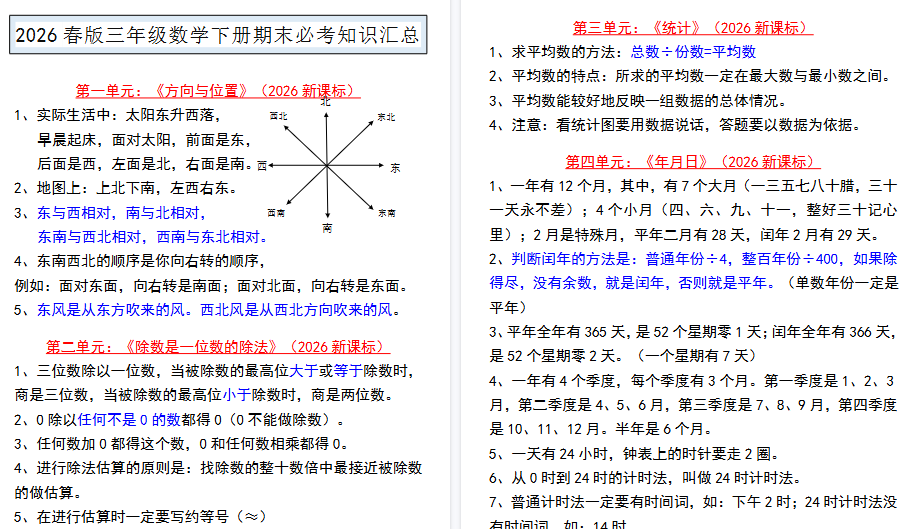 2026春新版三年级数学下册期末必考知识汇总-小初高学习资料下载_真题试卷 - 开学吧资料库