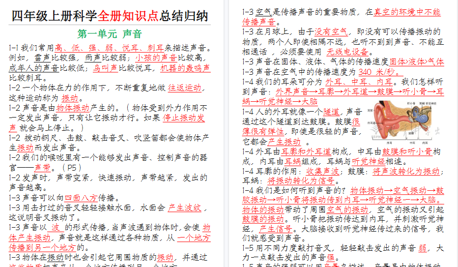 【11页高清完整版】四（上）科学（教科版）全册知识点总结归纳-小初高学习资料下载_真题试卷 - 开学吧资料库