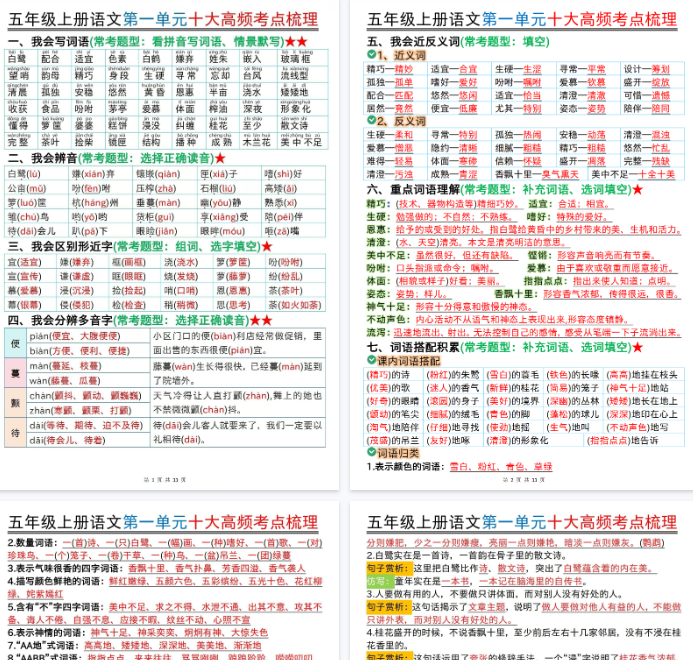 【高清22页整理】五上语文期中复习十大高频考点梳理（1-4单元）-开学吧