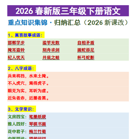 2026春新版三年级下册语文 重点知识集锦·归纳汇总-开学吧