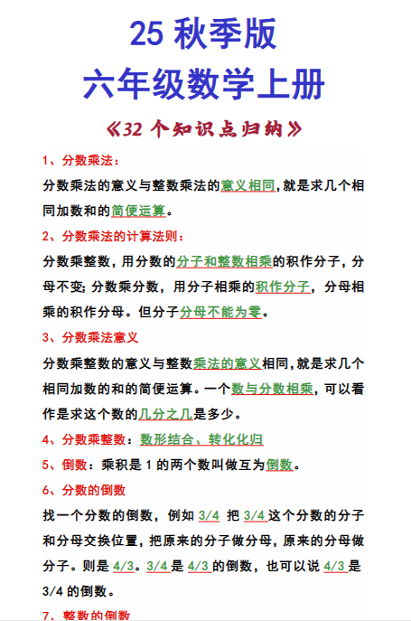 【2025秋新版】六年级数学上册 《32个知识点归纳》-开学吧