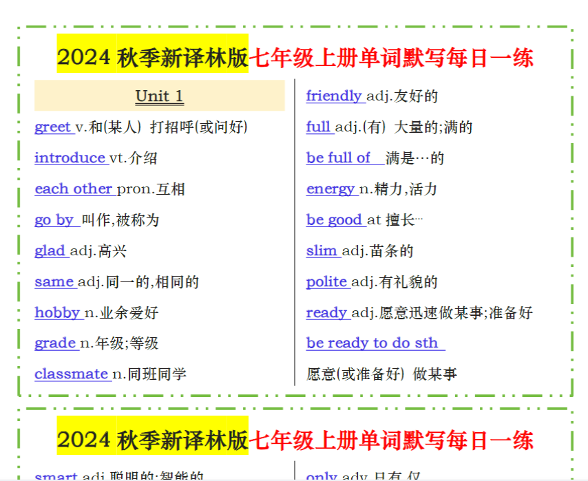 22页！2024秋季新译林版七年级上册单词默写每日一练-开学吧
