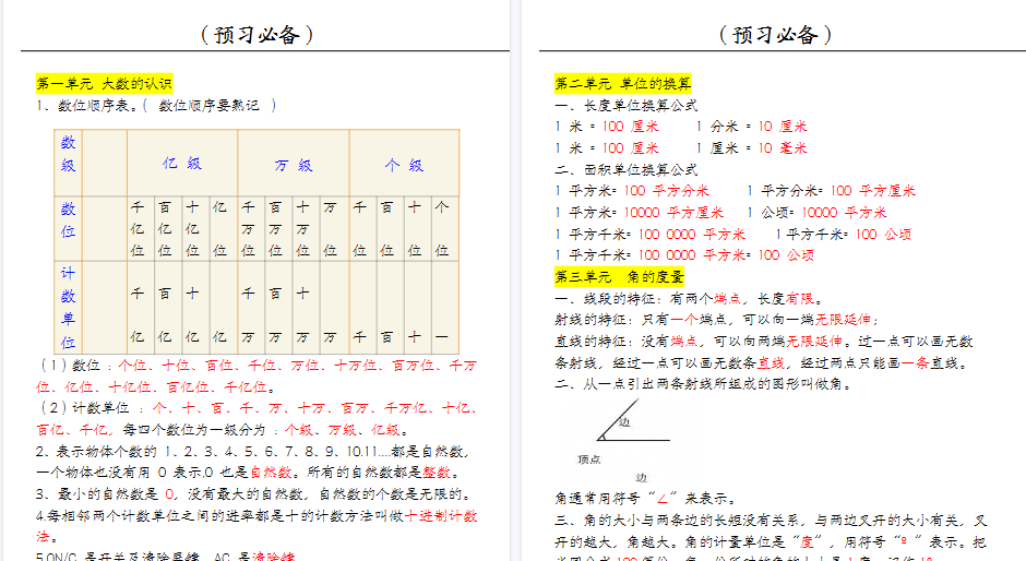 【9页高清完整版】【四上】数学必背汇总-开学吧